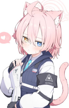 Rule 34 | 1girl, ahoge, animal ear fluff, animal ears, armband, black gloves, blue archive, blue eyes, blush, breasts, cat ears, cat girl, cat tail, collared shirt, dot nose, facing viewer, flat chest, gloves, gun, hair between eyes, halo, heart, heterochromia, highres, holding, holding gun, holding weapon, hoshino (blue archive), hoshino (first year) (blue archive), long hair, long sleeves, looking at viewer, looking to the side, necktie, pink hair, pink halo, shirt, short hair, small breasts, solo, spoken heart, tail, vest, weapon, white background, white shirt, yellow eyes, yuukun mk-ii