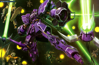 absurdres arm_cannon battle beam_cannon beam_rifle cable claws damaged earth_federation_space_forces energy_beam energy_gun explosion firing glowing glowing_eye green_visor gundam gundam_perfect_file gundam_unicorn highres jegan lens_flare machinery mecha mecha_focus mobile_suit morishita_naochika neo_zeon one-eyed painting_(medium) realistic red_eyes rezel robot rozen_zulu scan science_fiction space traditional_media weapon