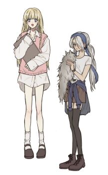 Rule 34 | 2girls, animal, ankle socks, archived source, asymmetrical bangs, black shoes, black thighhighs, blonde hair, blue eyes, blue hair, blue jacket, blue sleeves, blush, braid, bright pupils, brown shorts, buttoned cuffs, buttons, cat, clothes around waist, collarbone, crew neck, cross-laced shoes, dress shirt, dress shorts, fashion, folder, full body, grey cat, grey eyes, grey fur, grey hair, grey tail, hair over one eye, highres, holding, holding animal, holding cat, holding folder, honey3apple, jacket, jacket around waist, jewelry, knee blush, leather footwear, legs apart, long hair, long shirt, long sleeves, looking at viewer, loose socks, low-braided long hair, low-tied long hair, low twintails, mary janes, multiple girls, nayatrei, necklace, nexon, one eye covered, parted bangs, parted hair, parted lips, pigeon-toed, pink sweater vest, shirt, shoes, short sleeves, shorts, sleeve cuffs, sleeves past wrists, socks, standing, sweater vest, t-shirt, tales weaver, teeth, thighhighs, tichiel juspian, tied sleeves, twin braids, twintails, upper teeth only, watch, white pupils, white shirt, white socks, wristwatch