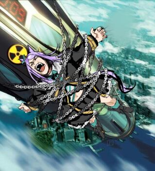 1girl animal_ears aqua_bow aqua_bowtie aqua_ribbon black_jacket black_skirt blue_shirt blue_socks bow bowtie chain chained choripan city closed_mouth cloud countdown_timer ear_bow ear_ribbon horse_ears horse_girl horse_tail jacket long_hair long_sleeves mejiro_mcqueen_(frontline_elegance)_(umamusume) mejiro_mcqueen_(umamusume) meme midriff navel nuclear_weapon open_mouth purple_hair radiation_symbol restrained ribbon rocket screaming shirt shoes shouting skirt sky socks solo striped_clothes striped_shirt tail umamusume water weapon_of_mass_destruction white_shirt wolverine_nuke_(meme)