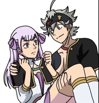1boy 1girl asta_(black_clover) black_clover hand_on_shoulder hands_on_legs headband hetero holding_partner looking_at_viewer noelle_silva smile twintails
