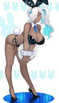 1girl animal_ears bikini black_bikini black_shoes blue_hair blue_necktie blush breasts cleavage collarbone colored_inner_hair dark-skinned_female dark_skin detached_collar fake_animal_ears fake_tail full_body grey_hair hair_over_one_eye hataraki_kuma high_heels highres large_breasts long_hair looking_at_viewer multicolored_hair necktie original rabbit_ears rabbit_tail red_eyes shoes short_necktie side-tie_bikini_bottom side_ponytail smile standing string_bikini swimsuit tail tray wrist_cuffs