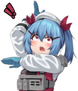 ! !! 1girl adachi_t_(xadachit) arm_up beret blue_hair blush colphne_(girls'_frontline_2) commentary english_commentary girls'_frontline girls'_frontline_2:_exilium gundam gundam_gquuuuuux hair_between_eyes hat jacket open_mouth pink_eyes scene_reference short_hair solo teeth transparent_background upper_body upper_teeth_only white_hat white_jacket