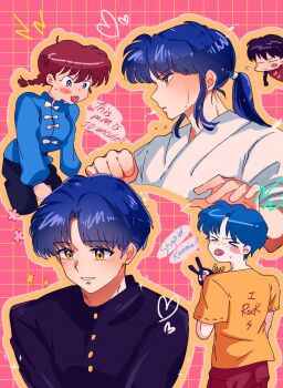 Rule 34 | > <, 1girl, 2boys, black hair, blue eyes, blue hair, braid, chinese clothes, english text, garnel (letsgotomato11), genderswap, genderswap (ftm), hetero, highres, multiple boys, p-chan (ranma 1/2), ponytail, ranma-chan, ranma 1/2, saotome ranma, school uniform, shirt, short hair, single braid, tendou akane, yellow eyes, yellow shirt