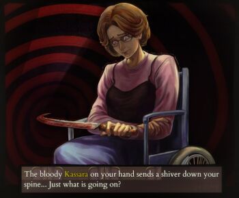 1girl black_camisole blood bloody_weapon brown_eyes brown_hair camisole camisole_over_clothes closed_mouth commentary dialogue_box english_commentary english_text fear_&amp;_hunger_(series) fear_&amp;_hunger_2:_termina glasses hand_on_own_arm highres holding holding_weapon long_sleeves looking_at_object olivia_(fear_&amp;_hunger) pink_shirt purple_skirt rofla09 shirt short_hair sitting skirt solo weapon wheelchair