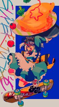 Rule 34 | 1girl, absurdres, apron, blue background, broccoli, colorful, dynamic pose, food, frills, graffiti, highres, holding, ketchup, mago oowarawa, maid, maid headdress, omelet, omurice, open mouth, original, plate, shoes, skateboard, skateboarding, sneakers, solo, star-shaped pupils, star (symbol), symbol-shaped pupils, tomato
