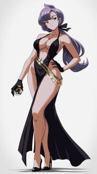 1girl anabel_(pokemon) bare_legs bare_shoulders breasts cleavage curvy dress earpiece female_focus full_body gloves hand_on_own_hip high_heels highres large_breasts long_hair matching_hair/eyes navel nintendo poke_ball pokemon pokemon_sm purple_eyes purple_hair solo thick_thighs thighs ultra_ball vivivoovoo wide_hips