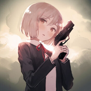 Rule 34 | 1girl, alt (apou), black jacket, blonde hair, blush, collared shirt, commentary request, finger on trigger, gradient background, gun, gunslinger girl, hair between eyes, handgun, hands up, henrietta (gunslinger girl), holding, holding gun, holding weapon, jacket, long sleeves, looking at viewer, neck ribbon, open mouth, orange eyes, red ribbon, ribbon, shirt, short hair, solo, upper body, weapon, weapon request, white shirt, yellow background