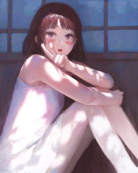 1girl :d bare_shoulders blunt_bangs blush brown_hair dappled_sunlight dress fjsmu hand_on_own_knee highres open_mouth original red_eyes short_hair sidelocks sitting smile solo sunlight thighs v veranda white_dress