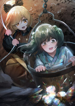 2girls aqua_dress bird black_bow black_dress black_sleeves blonde_hair bow brown_dress bucket chain dress flower green_eyes hair_bow hand_up highres holding holding_string in_bucket in_container kisume kurodani_yamame light long_sleeves looking_down medium_hair mo_ne multiple_girls open_mouth orange_sky rainbow_gradient short_hair signature sky string subterranean_animism sun touhou twintails yellow_eyes