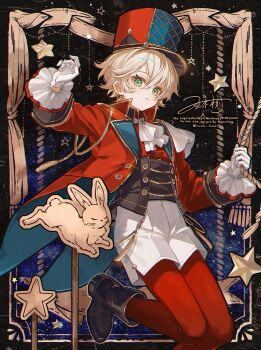 1boy ascot black_boots blonde_hair boots coat coattails gloves green_eyes highres long_sleeves looking_at_viewer male_focus namiki_itsuki open_clothes open_coat original pantyhose rabbit red_coat red_pantyhose shorts solo star_(symbol) white_ascot white_gloves white_shorts