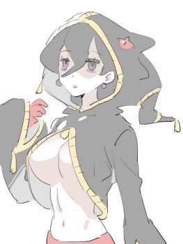 1girl :o @_@ banette bare_shoulders black_gloves black_hair breasts cleavage collarbone cosplay earrings expressionless gen_3_pokemon gloves hair_between_eyes hair_ornament hex_maniac_(pokemon) hex_maniac_(pokemon_legends:_z-a) hood hoodie jewelry large_breasts large_earrings long_hair lowres mega_banette mega_banette_(cosplay) mega_pokemon nintendo no_bra pokemon pokemon_legends:_z-a pokemon_tower_ghost purple_eyes raine_(acke2445) sphere_earrings strapless upper_body white_background