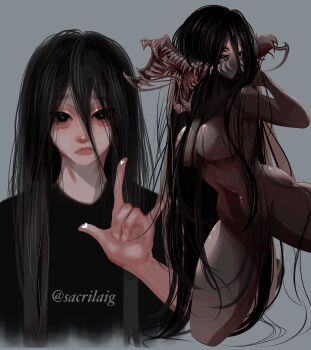 1girl aegyo_sal arthropod_girl black_eyes black_hair black_sclera black_shirt body_horror colored_sclera extra_eyes fox_shadow_puppet hair_between_eyes head_tilt highres hole_in_stomach insect_girl kneeling long_hair looking_at_viewer monster_girl multiple_views nude original sacrilaig sharp_teeth shirt spider_girl teeth very_long_hair