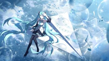 1girl absurdly_long_hair absurdres anniversary aqua_eyes aqua_hair aqua_nails aqua_necktie aqua_trim arm_tattoo arm_up beamed_eighth_notes black_skirt boots collared_shirt commentary dated detached_sleeves eighth_note english_commentary from_above grey_shirt hair_between_eyes hair_ornament hatsune_miku highres hsyenemy long_hair long_sleeves looking_at_viewer looking_up musical_note musical_staff necktie paper_airplane pleated_skirt shading_eyes shirt sitting skirt smile tattoo thigh_boots treble_clef very_long_hair vocaloid wide_shot wide_sleeves