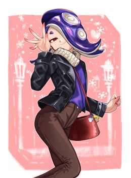 1girl absurdres alternate_costume bag black_jacket blue_hair blue_shirt border brown_pants casual closed_mouth earrings hair_over_one_eye hand_up handbag highres jacket jewelry lamppost leather leather_jacket long_hair long_sleeves looking_at_viewer medium_hair nintendo norishiitsu open_clothes open_jacket outside_border pants pink_background purple_hair purple_shirt red_bag red_eyes scarf shirt shiver_(splatoon) smile snowflakes solo splatoon_(series) splatoon_3 standing suction_cups tentacle_hair white_scarf