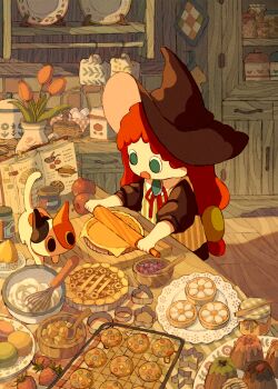 1girl :o absurdly_detailed_composition apple black_hat black_shirt book bowl brooch cat chibi chibi_only commentary_request cookbook cookie cookie_cutter cooking flower food fruit green_eyes hat highres holding_rolling_pin indoors jewelry kitchen loaded_interior long_hair long_sleeves neck_ribbon no_pupils open_book open_mouth orange_flower orange_tulip original pie plate red_hair red_ribbon ribbon rolling_pin shirt slice_of_life solo spoon standing strawberry striped_clothes striped_vest tofumaabo tulip vase vest whisk witch_hat yellow_vest