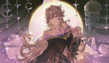 1girl absurdres backlighting bare_shoulders beryl_bouanich black_cloak blonde_hair blue_eyes cloak closed_mouth crescent crescent_earrings crystal_ball crystal_earrings curtains dragonfly_hair_ornament earrings floating_earrings hand_up highres jewelry long_hair looking_at_viewer miran_ran mismatched_earrings off_shoulder parted_bangs reverse:1999 smile solo sparkle upper_body very_long_hair