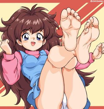 1girl absurdres ass barefoot blue_dress blue_eyes blush breasts brown_hair crossed_legs dress feet highres kanda_momo kneepits leaning_back legs legs_up long_hair long_sleeves open_mouth oyatsu_(mk2) panties pink_shirt pink_sleeves shirt short_dress sitting sleeveless sleeveless_dress small_breasts smile soles solo thighs toes underwear white_panties wonder_momo