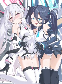 2girls absurdres aqua_halo aris_(armed)_(blue_archive) aris_(blue_archive) bare_shoulders black_hair black_hairband blue_archive blue_eyes blue_necktie blush breasts bright_pupils covered_navel gloves hair_between_eyes hairband halo highres kei_(blue_archive) kei_(new_body)_(blue_archive) leotard loli long_hair long_hair_between_eyes looking_at_viewer mecha_musume mechanical_wings multicolored_leotard multiple_girls myuf necktie official_alternate_costume open_mouth rectangular_halo red_eyes red_halo ringed_eyes showgirl_skirt simple_background small_breasts smile thighhighs twintails very_long_hair white_background white_hair white_leotard white_pupils wings