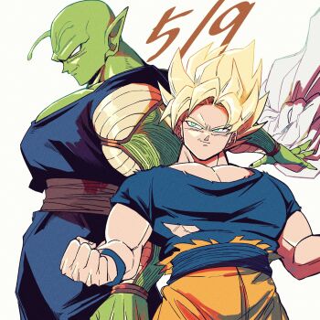 Rule 34 | 2boys, alien, antennae, aqua eyes, bald, blonde hair, blue pants, blue sash, blue shirt, brown sash, cape, clenched hand, closed mouth, colored skin, commentary, cowboy shot, crew neck, curtained hair, dated, dragon ball, dragonball z, furrowed brow, goku day, green skin, highres, large pectorals, living (nsiring), looking ahead, male focus, medium hair, multiple boys, muscular, muscular male, namekian, orange pants, pants, pectorals, piccolo, piccolo day, pointy ears, profile, removing cape, sash, shirt, short sleeves, simple background, smile, son goku, spiked hair, standing, super saiyan, super saiyan 1, torn clothes, torn shirt, unworn cape, waist sash, white background, white cape, wristband