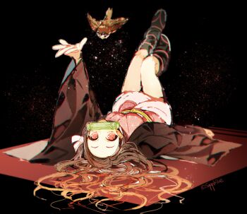 1girl arm_up asa_no_ha_(pattern) bird black_background black_socks breasts brown_coat chuntarou_(kimetsu_no_yaiba) coat full_body hair_spread_out haori japanese_clothes kamado_nezuko kimetsu_no_yaiba kimono leg_warmers legs_up long_sleeves looking_at_viewer lying on_back pink_eyes pink_kimono sapphire_(nine) simple_background small_breasts socks solo sparrow wide_sleeves