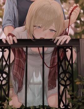 2boys anal androgynous animal_collar behind_another bent_over black_collar black_shirt blonde-haired_boy_(sunaba_(nczd5875)) blonde_hair blue_eyes blurry blurry_background blush clothed_sex collar collarbone crossdressing crossdressing_(mtf) doggystyle dress eyes_visible_through_hair hair_between_eyes half-closed_eyes head_out_of_frame highres holding holding_leash implied_sex jacket kneeling leash long_hair male_focus male_penetrated medium_hair multiple_boys open_mouth original outdoors penis pet_play plant public_indecency railing red_scarf saliva scarf see-through_clothes see-through_dress sex sex_from_behind shirt short_hair solo_focus standing standing_sex sunaba_(nczd5875) tongue trap white_dress white_shirt yaoi
