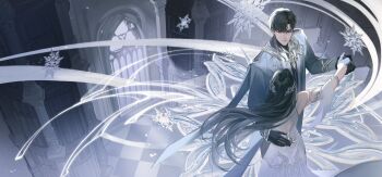 1boy 1girl arm_around_waist black_gloves black_hair checkered_floor church commentary_request couple dancing detached_sleeves dress from_above gloves grey_gloves grey_jacket hair_between_eyes half_gloves hetero highres holding_hands jacket long_hair looking_at_another love_and_deepspace parted_bangs protagonist_(love_and_deepspace) short_hair silver_trim suit_jacket upper_body wawwxxx white_dress zayne_(love_and_deepspace)