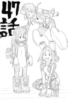 Rule 34 | 10s, 3girls, all fours, asui tsuyu, asui tsuyu (cosplay), audio jack, bodysuit, boku no hero academia, cosplay, costume switch, eyelashes, floating, gloves, goggles, goggles on head, graphite (medium), greyscale, group costume switch, hair between eyes, highres, horikoshi kouhei, jiro kyoka, jiro kyoka (cosplay), long hair, monochrome, multiple girls, short hair, simple background, squatting, tongue, tongue out, traditional media, uraraka ochako, uraraka ochako (cosplay), white background