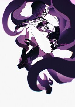 1girl accessories arm_on_knee asymmetrical_shorts bare_shoulders black_hat black_shoes blonde_hair breasts button_gap cleavage commentary detached_sleeves from_side garter_straps glowing glowing_eyes hair_over_one_eye hand_on_own_arm hat head_rest high-waist_shorts large_breasts leg_up looking_at_viewer monster_girl purple_eyes sakon04 scylla shirt shoes short_hair shorts simple_background single_garter_strap single_thighhigh solo suction_cups symbol-only_commentary tentacle_girl tentacle_grab tentacle_tail tentacles thighhighs torn_clothes torn_thighhighs twitter_username white_background white_shirt white_sleeves yidhari_murphy zenless_zone_zero