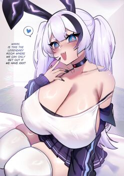 Rule 34 | 1girl, alternate breast size (larger), animal ears, black choker, black jacket, black nails, black skirt, black streaks, blue eyes, blush, bra, bra peek, breasts, bright pupils, choker, cleavage, commentary, cowboy shot, double-parted bangs, english commentary, english text, fake animal ears, fang, fingernails, hand up, heart, highres, huge breasts, indie virtual youtuber, jacket, jacket partially removed, long hair, long sleeves, looking at viewer, meme, miniskirt, multicolored hair, nail polish, open mouth, osiimi, rabbit ears, room you can't get out of unless you x (meme), sally sinclair, single hair streak, sitting, skindentation, skirt, smile, solo, spoken heart, streaked hair, talking, tank top, thick thighs, thighhighs, thighs, twintails, underwear, virtual youtuber, white hair, white pupils, white tank top, white thighhighs