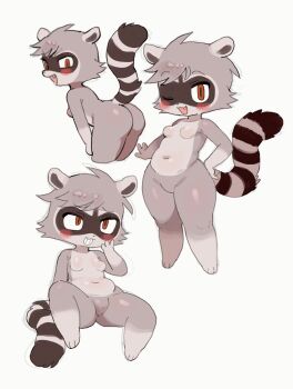 1girl animal_ears ass batrobin_k blush breasts brown_eyes chibi completely_nude domino_mask eye_mask furry furry_female grey_hair grin highres mask navel nude original plump raccoon raccoon_ears raccoon_girl raccoon_girl_(batrobin_k) raccoon_tail short_hair simple_background small_breasts smile tail white_background