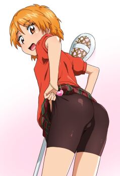 10s 1girl 2018 adjusting_clothes ass ass_focus eyelashes futari_wa_precure gradient_background lacrosse_stick leaning_forward looking_at_viewer looking_back matching_hair/eyes miniskirt misumi_nagisa open_mouth orange_eyes orange_hair pink_background precure red_shirt sakecho shirt short_hair shorts shorts_under_skirt simple_background skin_tight skirt solo standing thighs