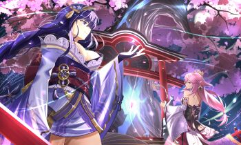 2girls absurdres animal_ears bare_shoulders braid breasts bridal_gauntlets cherry_blossoms commentary_request detached_sleeves eiryu33 fan_hair_ornament floppy_ears flower fox_ears genshin_impact hair_between_eyes highres japanese_clothes kimono large_breasts long_hair long_sleeves low-braided_long_hair low-tied_long_hair magic multiple_girls obiage obijime pink_hair purple_eyes purple_flower purple_hair purple_kimono purple_nails raiden_shogun wide_sleeves yae_miko