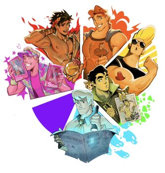 6+boys action_figure ancient_greek_clothes avatar_legends barbie_(franchise) barbie_(live_action) bare_shoulders baseball_cap black_hair black_sclera blonde_hair blue_eyes bolin brown_hair cartoonized character_doll color_coordination color_wheel color_wheel_challenge colored_sclera crossover curtained_hair dark-skinned_male dark_skin doll fire fire_ferret flashlight fred_jones greco-roman_clothes green_eyes grin hades_(series) hades_1 hand_tattoo hat heart heart_tattoo hercules_(1997_movie) hercules_(disney) heterochromia highres himbo holding holding_flashlight holding_lantern holding_newspaper holding_pencil holding_photo holding_toy johnny_bravo johnny_bravo_(series) ken_(barbie) lantern laurel_crown long_sleeves looking_at_viewer male_focus mismatched_sclera multiple_boys multiple_crossover multiple_drawing_challenge muscular muscular_male narcissism neckerchief nectar_(hades) newspaper one_eye_closed open_mouth orange_hair orange_neckerchief padeliciouss pencil photo_(object) pink_shirt reading red_eyes ryan_gosling scooby-doo shirt short_hair skull smile star_(symbol) sunglasses tattoo the_legend_of_korra toon_(style) toy unfinished upper_body zagreus_(hades)