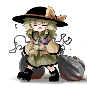 1girl bag black_hat black_shoes blood closed_eyes green_hair green_skirt hat hat_ribbon heripantomorrow komeiji_koishi long_sleeves open_mouth ribbon shirt shoes short_hair simple_background skirt solo third_eye touhou white_background yellow_ribbon yellow_shirt