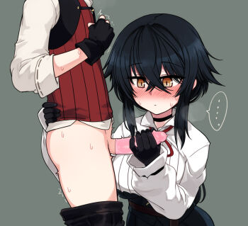 ... 1boy 1girl black_choker black_gloves black_hair blush breasts choker clothes_pull condom condom_on_penis fingerless_gloves gloved_handjob gloves hair_between_eyes handjob hetero large_breasts long_hair long_sleeves null_(nyanpyoun) original pants pants_pull penis shirt shota sidelocks simple_background spoken_ellipsis sweat white_shirt