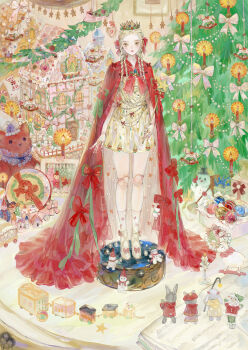 1girl absurdly_detailed_composition ballet_slippers blonde_hair bow bowtie braid candle cape chinese_commentary christmas christmas_tree commentary_request crown doll doll_joints dress expressionless eyelashes eyeshadow fire footwear_bow frilled_cape full_body gingerbread_house gold_crown green_eyes hair_bow hair_over_shoulder heart highres holding holding_wand indoors joints light_blush lipstick loaded_interior long_hair looking_at_viewer makeup multiple_braids original queen red_bow red_bowtie red_cape red_eyeshadow red_lips sheet_music shenzhiling shoes short_dress snowman solo standing star_(symbol) star_wand stuffed_animal stuffed_cat stuffed_toy table thick_eyebrows toy_train wand yellow_dress yellow_shoes
