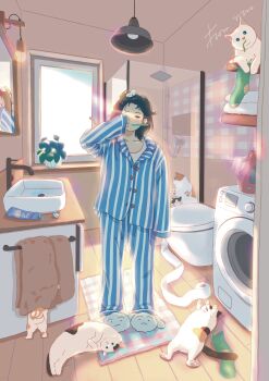 1girl absurdres bathroom black_hair brushing_teeth clothes_dryer day detergent hair_ornament highres indoors laundry mirror morning neko_atsume niro_(8283) original pajamas plant potted_plant rug sink sleeves_past_wrists slippers socks standing striped_clothes striped_pajamas toilet toilet_paper toothpaste towel window