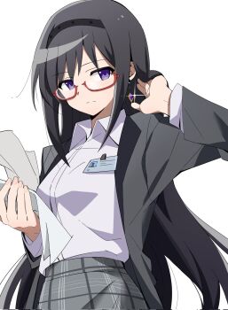 1girl akemi_homura alternate_universe ban45601 black_hair black_jacket formal_clothes glasses grey_skirt highres id_card jacket long_hair looking_at_viewer mahou_shoujo_madoka_magica plaid_clothes plaid_skirt red-framed_eyewear shirt sketch skirt solo soul_gem teacher very_long_hair white_background white_shirt