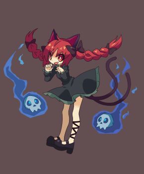 Rule 34 | 1girl, absurdres, ahoge, animal ear fluff, animal ears, asymmetrical legwear, black bow, black ribbon, black shoes, blue fire, bow, braid, breasts, bright pupils, brown background, cat ears, commentary, dot nose, dress, english commentary, fang, fire, floating skull, frilled dress, frills, full body, green dress, hair bow, hands up, highres, juliet sleeves, kaenbyou rin, leg ribbon, long hair, long sleeves, looking at viewer, mary janes, midair, mismatched legwear, multiple tails, nekomata, open mouth, orange eyes, puffy sleeves, red hair, ribbon, shoes, short dress, simple background, skull, small breasts, smallendu, smile, solo, subterranean animism, tail, touhou, twin braids, two tails, v-shaped eyebrows, very long hair, white pupils