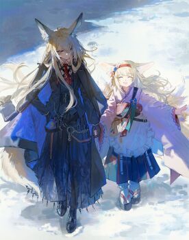 2girls animal_ear_fluff animal_ears apron arknights bag black_boots black_coat black_gloves black_jacket black_skirt black_vest blonde_hair blush boots brown_eyes closed_mouth coat coat_on_shoulders collared_shirt fox_ears fox_girl gloves hair_between_eyes hairband hand_on_own_hip highres holding holding_bag holding_hands jacket japanese_clothes kimono long_hair long_skirt mother_and_daughter multiple_girls multiple_tails necktie open_mouth outdoors pink_kimono quasarcake red_hairband red_necktie red_sash sandals sash scar scar_on_face shirt skirt smile snow suzuran_(arknights) suzuran_(yukibare)_(arknights) tabi tail vest vulpisfoglia_(arknights) walking white_apron white_shirt wide_sleeves