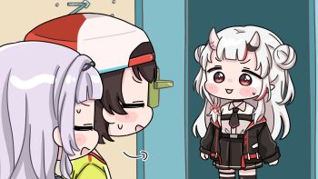 3girls :d black_jacket black_necktie black_skirt black_thighhighs blush_stickers brown_hair chibi clock collared_shirt double_bun green_shirt grey_hair hair_bun highres hololive horns indoors jacket long_hair long_sleeves mochimiko multicolored_hair multiple_girls murasaki_shion nakiri_ayame nakiri_ayame_(streetwear) necktie off_shoulder oni oozora_subaru oozora_subaru_(1st_costume) open_clothes open_door open_jacket open_mouth pleated_skirt puffy_long_sleeves puffy_sleeves red_eyes red_hair shirt skirt smile standing streaked_hair striped_clothes striped_shirt sweat thighhighs two_side_up vertical-striped_clothes vertical-striped_shirt very_long_hair virtual_youtuber wall_clock white_shirt