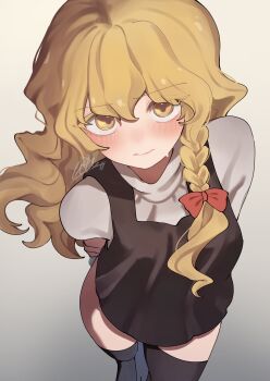 1girl arms_behind_back black_thighhighs black_vest blonde_hair blush braid closed_mouth embarrassed from_above hair_between_eyes hair_ribbon hand_on_own_arm highres kirisame_marisa long_hair looking_at_viewer niru_(ka_k_0517) no_headwear no_pants ribbon shirt side_braid signature solo sweatdrop thighhighs thighs touhou turtleneck turtleneck_shirt vest wavy_hair white_shirt yellow_eyes