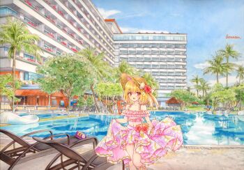 1girl absurdres bare_shoulders beach_chair besanten bikini bikini_top_only blonde_hair blush bow building colorful commentary_request cowboy_shot day floral_print floral_print_skirt flower hair_flower hair_ornament hat hat_bow hat_flower highres hotel looking_at_viewer marker_(medium) medium_hair midriff navel open_mouth original outdoors palm_tree pink_bikini pink_skirt pool poolside print_skirt red_eyes red_flower reflection ruffle_bikini skirt solo standing straw_hat swimsuit traditional_media tree white_bow white_flower