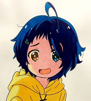 1girl blue_eyes blue_hair brown_eyes child coolie_night_light hair_ornament hairclip heterochromia highres hood hoodie light_blush ooto_ai open_mouth short_hair traditional_media wonder_egg_priority yellow_hoodie