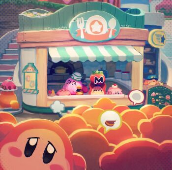 Rule 34 | @ @, blush stickers, bottle, chalkboard sign, cherry, closed mouth, cooking pot, food, food stand, frown, fruit, hat, highres, holding, holding plate, kirby, kirby (series), maxim tomato, nintendo, plate, spiral-only eyes, spoken food, stairs, suyasuyabi, twitter username, waddle dee, white hat
