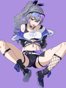 1girl absurdres black_boots black_jacket black_shorts boots breasts commentary_request cropped_jacket drill_hair drill_ponytail fishnet_socks fishnets fur-trimmed_jacket fur_trim goggles grey_eyes grey_hair hair_between_eyes highres honkai:_star_rail honkai_(series) jacket long_hair looking_at_viewer navel open_mouth purple_background shirt shoe_soles shoes shorts silver_wolf_(honkai:_star_rail) simple_background single-shoulder_shirt single_sock sitting small_breasts smile socks solo spread_legs thigh_strap white_shirt yamamoto_kichiko