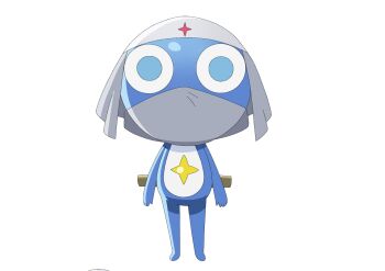 Rule 34 | 1boy, alien, blue eyes, blue skin, colored skin, dororo (keroro gunsou), frog, full body, grey hat, hat, keroro gunsou, knife, looking at viewer, mask, mouth mask, ninja, ninja mask, no humans, official art, red star, simple background, solo, standing, star (symbol), white background, yellow star