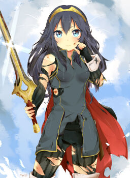1girl absurdres blood blue_eyes blue_hair bruise cape female_focus fingerless_gloves fire_emblem fire_emblem_awakening gloves highres injury lens_flare long_hair looking_at_viewer lucina_(fire_emblem) nintendo pants solo sword takai_seika tiara torn_cape torn_clothes torn_pants weapon wrist_cuffs