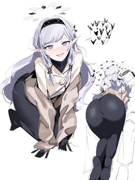 1boy 1girl absurdres black_gloves blue_archive doodle_sensei_(blue_archive) girl_on_top gloves grey_hair halo heart highres himari_(blue_archive) kneeling long_hair long_sleeves looking_at_another looking_at_viewer lying on_back open_mouth pants plentyofempty pointy_ears purple_eyes sensei_(blue_archive) smile spoken_heart white_background